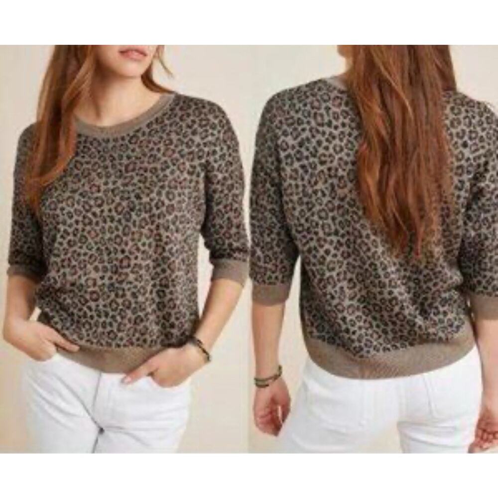 Anthropologie Metallic Leopard 3/4 Sleeves Sweater Pullover Womens Size Large